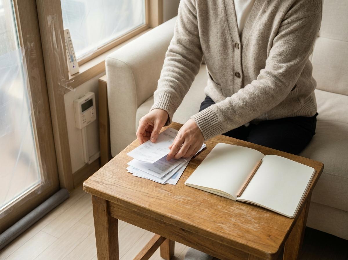 노트와 고지서를 놓고 세대 조건을 정리하는 손