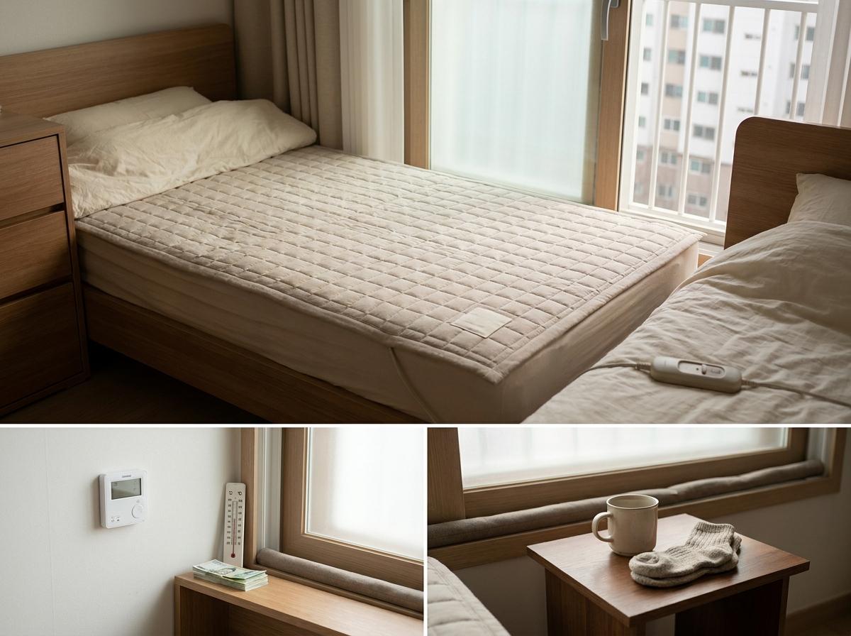 겨울 침실에 펼친 전기매트와 가장자리의 제품 표시 위치를 표현한 이미지