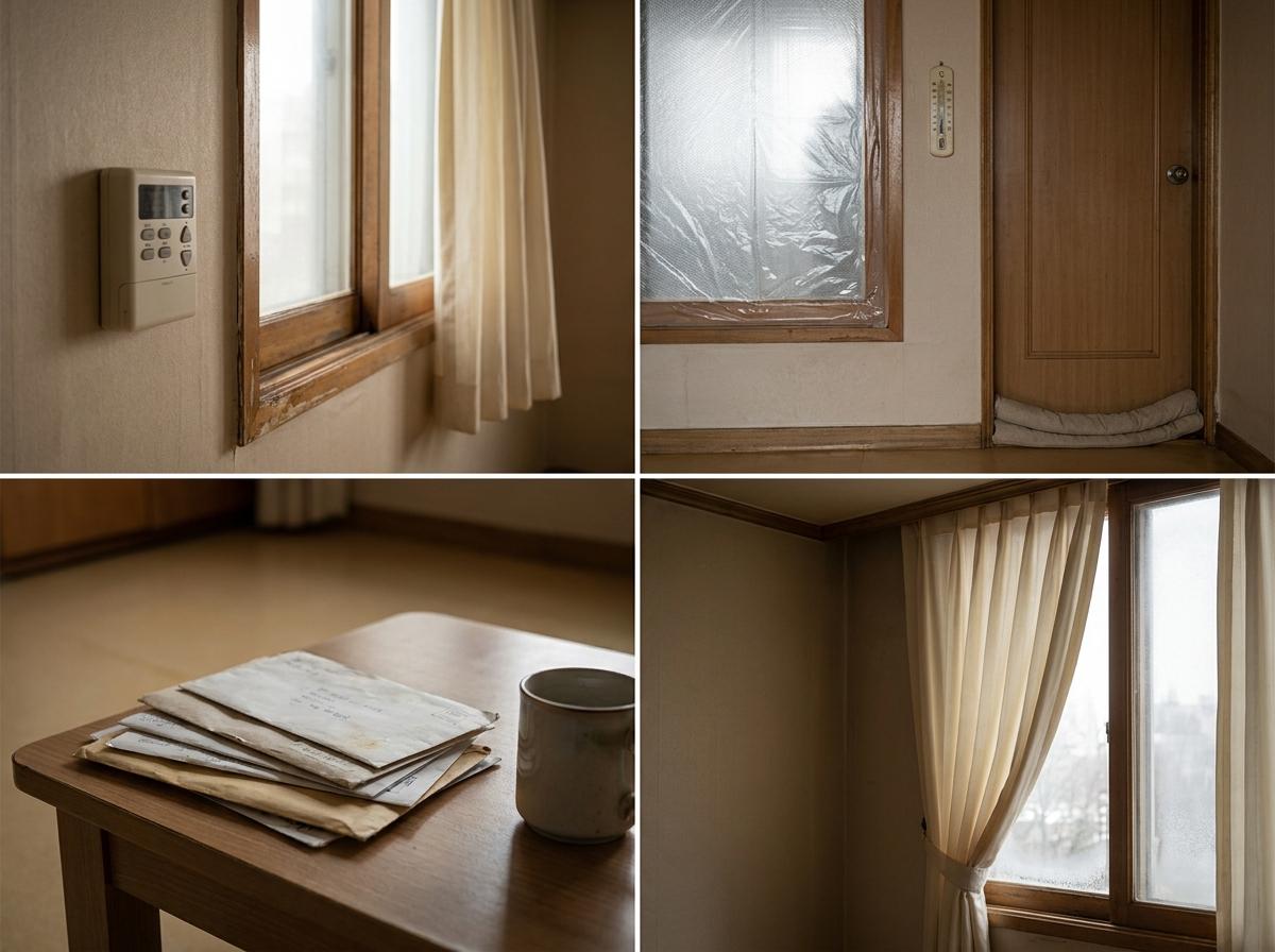 겨울 아파트의 벽면 난방 조절기와 커튼이 있는 창문