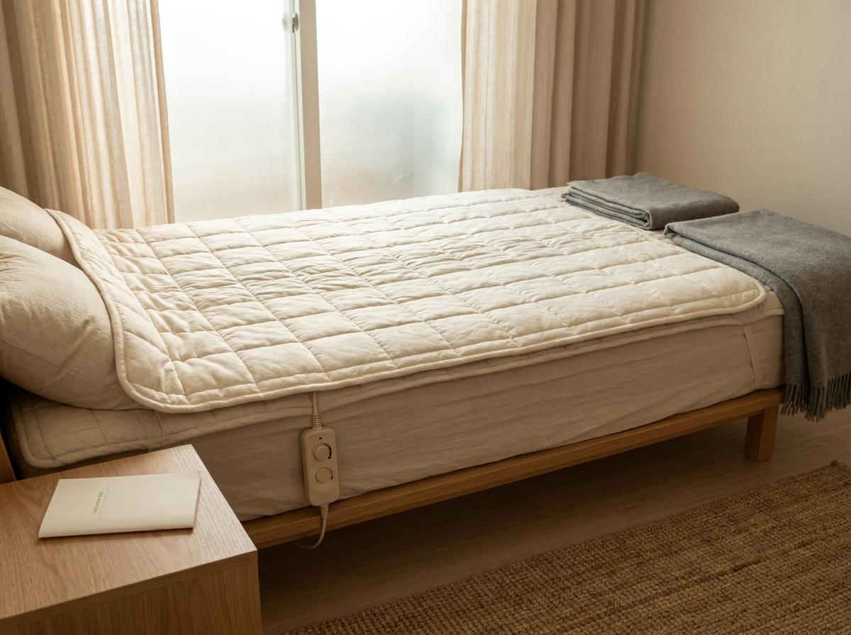 겨울 침실의 전기장판과 조절기, 침대 옆에 놓인 설명서