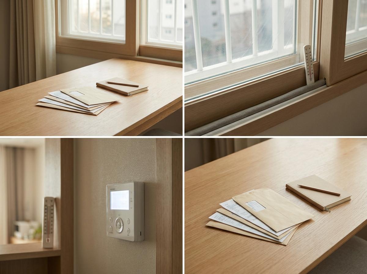 겨울 아파트 식탁에 놓인 뒤집힌 고지서 봉투와 메모장
