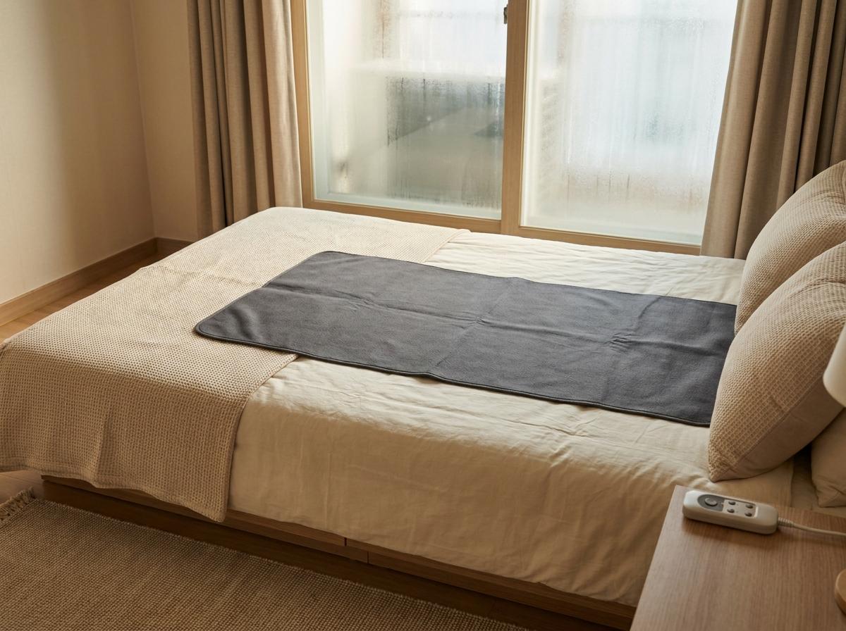겨울 침실의 낮은 침대 위에 펼쳐 놓은 전기매트와 조절기