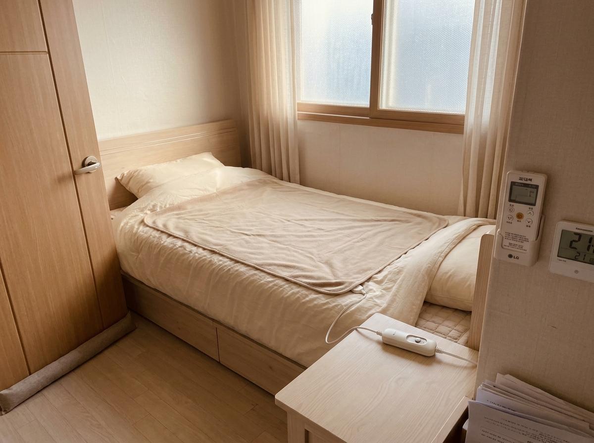 겨울 침실에 펼쳐 둔 1인용 전기요와 조절기