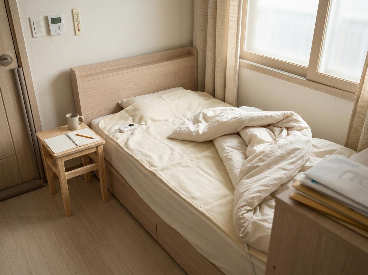 전기요와 덧댈 침구, 확인 내용을 적을 노트를 준비한 모습