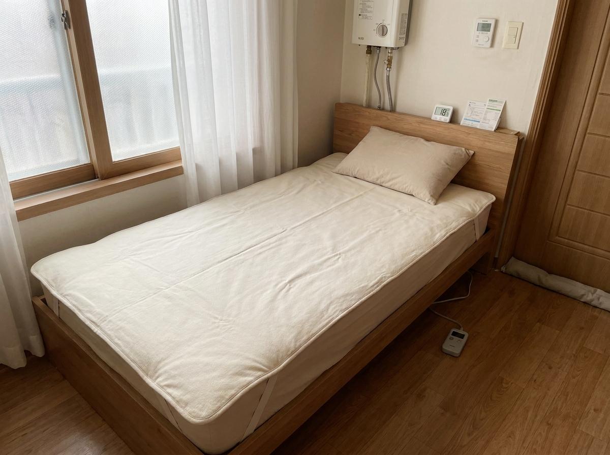 겨울 침대에 놓인 무지 전기매트와 베개, 조절기