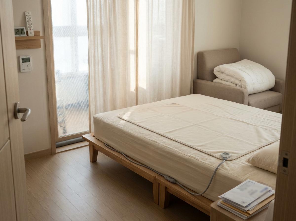 두꺼운 이불을 따로 두고 주변을 정리한 전기매트 자리