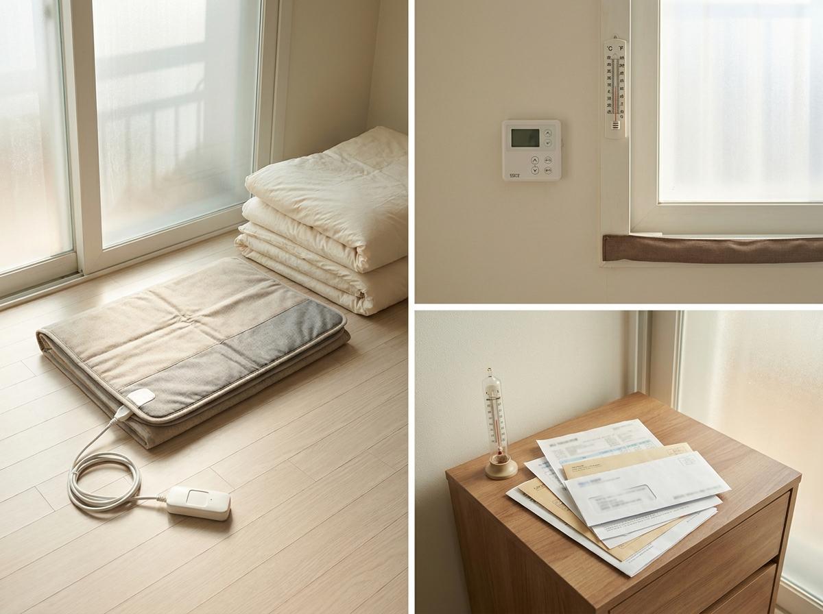 겨울 침구 옆에 펼쳐 둔 난방 매트와 연결하지 않은 전선